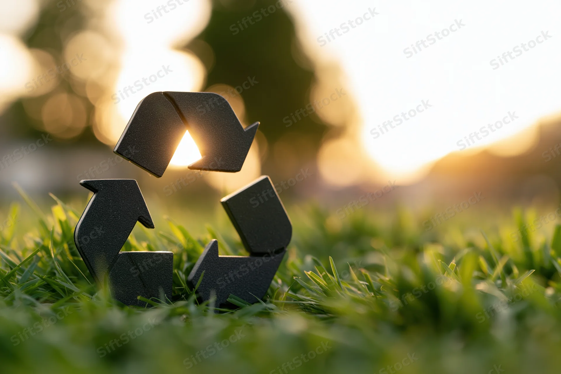 Dark recycling symbol figurine resting on lush green grass in sunlight