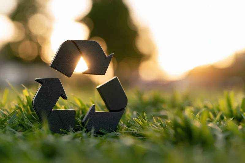 Dark recycling symbol figurine resting on lush green grass in sunlight