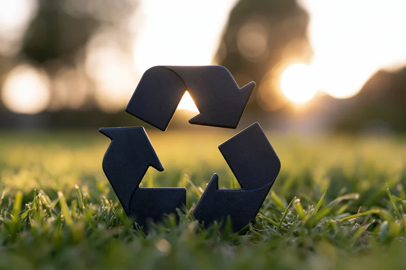Dark recycling symbol figurine placed on lush green grass during golden hour with blurred natural background