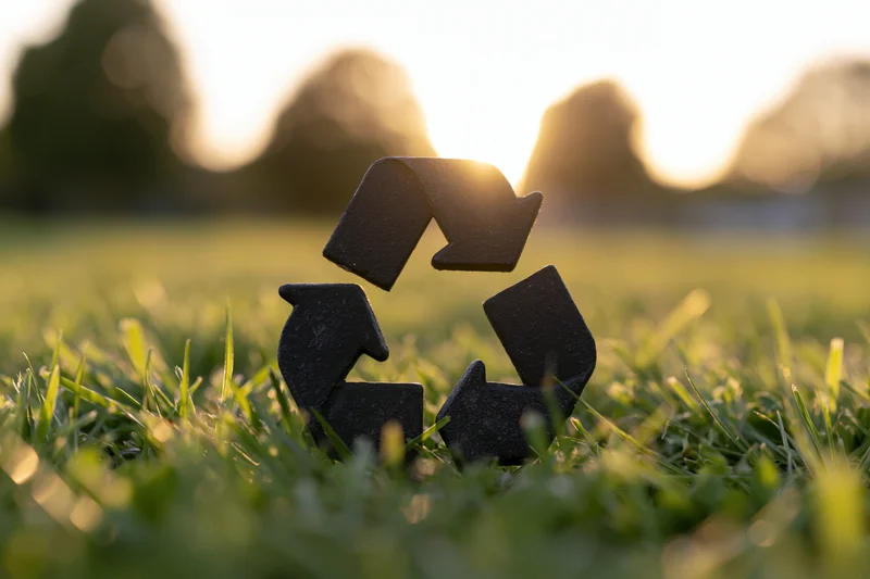 Dark recycling symbol figurine resting on lush green grass in a sunlit field