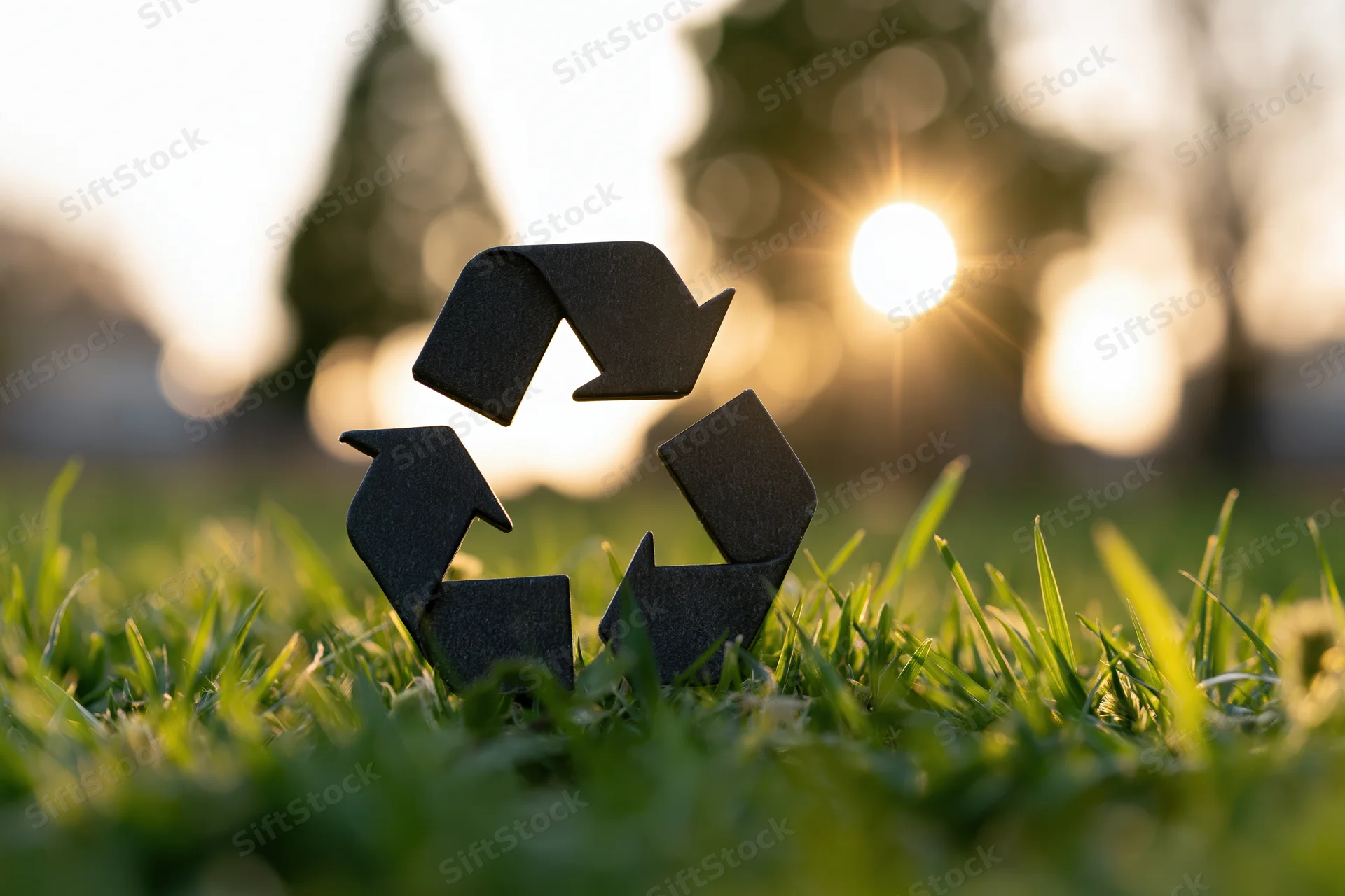 Dark recycling symbol figurine placed in lush green grass with sunlit background
