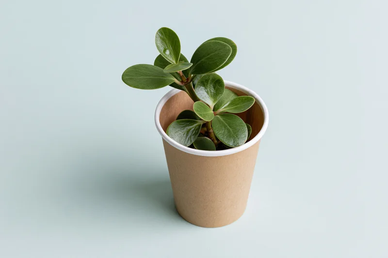 Small green succulent plant growing in a brown paper cup on a light background