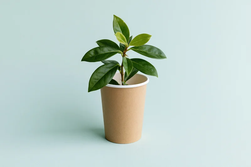 Small green plant with glossy oval leaves growing in a brown paper cup on a light background