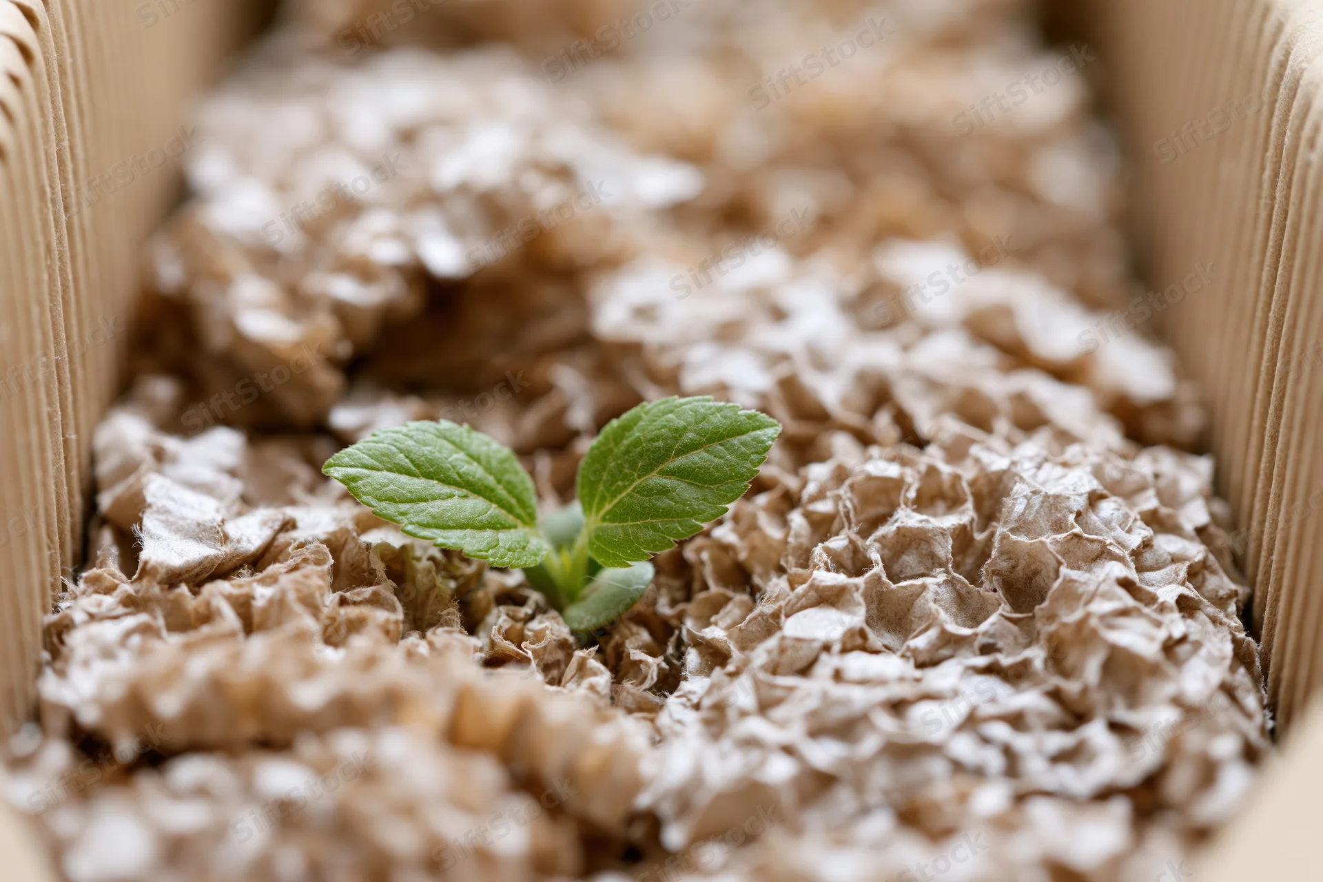 Small green seedling sprouting from crumpled brown paper inside a cardboard box