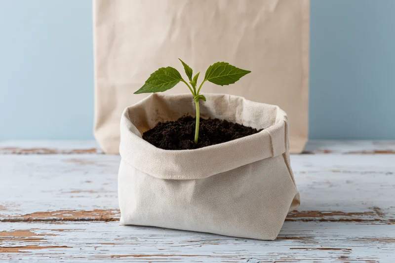 Small green seedling growing in dark soil inside a fabric bag on a wooden surface