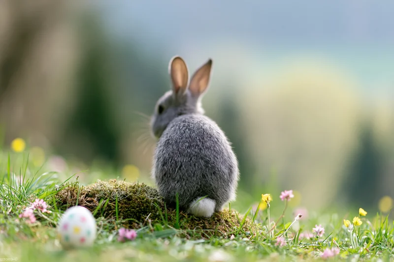 Small grey rabbit sitting on moss in a grassy field with easter egg and flowers nearby