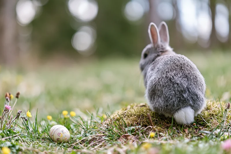 Small grey rabbit sitting with back to camera on mossy ground in grassy field with decorated egg and wildflowers nearby