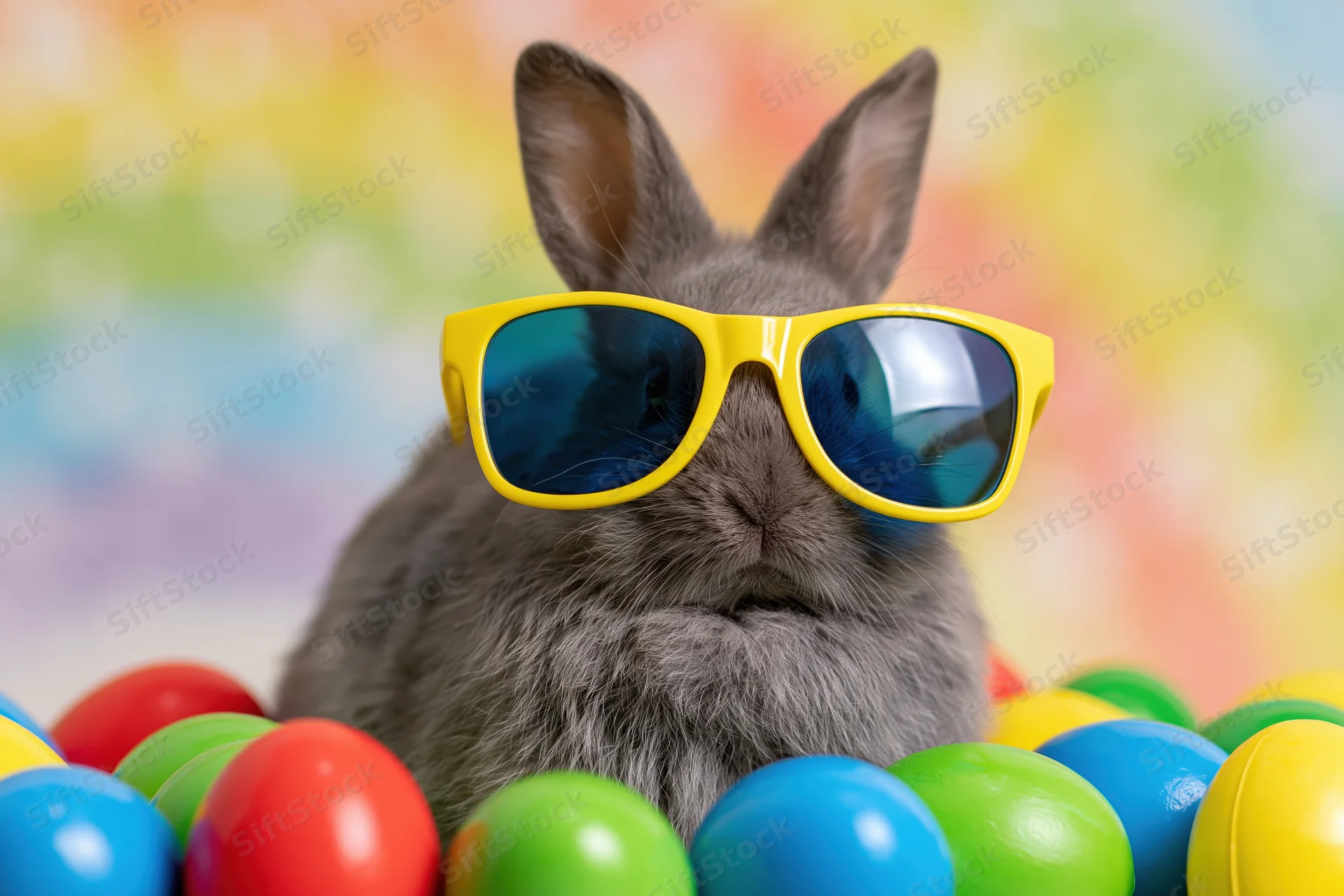 Grey rabbit wearing yellow sunglasses surrounded by colorful plastic easter eggs