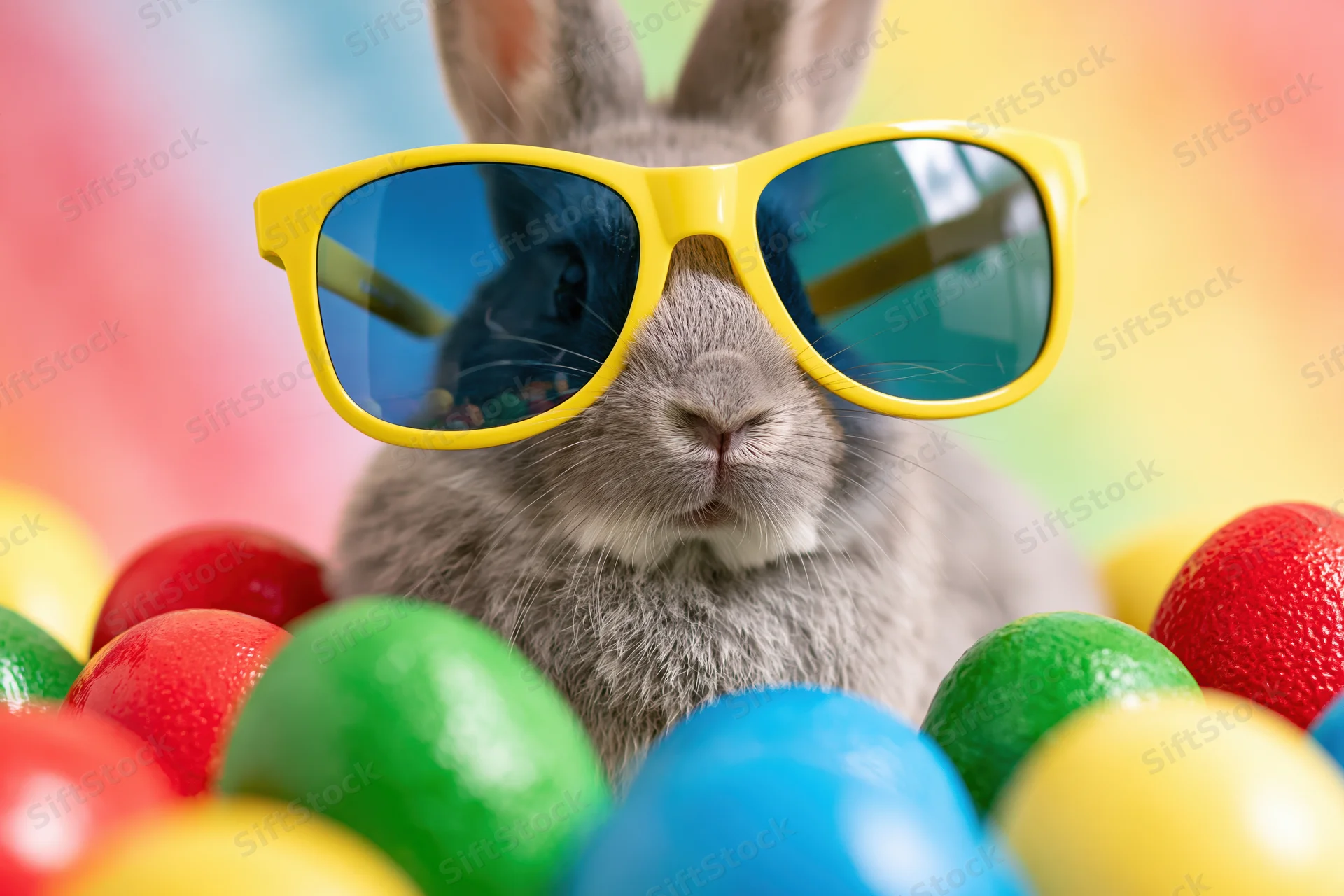 Grey rabbit wearing oversized yellow sunglasses surrounded by colorful easter eggs