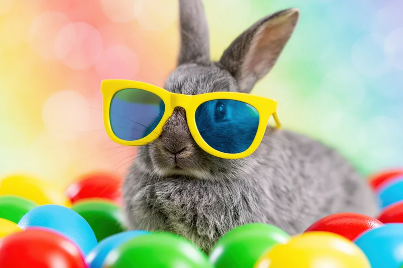 Grey rabbit wearing yellow-framed sunglasses surrounded by colorful plastic eggs