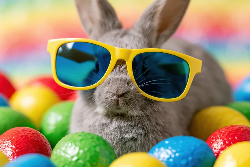 Grey rabbit wearing oversized yellow-framed sunglasses surrounded by colorful easter eggs
