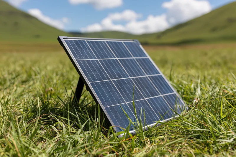 Portable solar panel resting on green grass in a meadow with hills and blue sky in the background