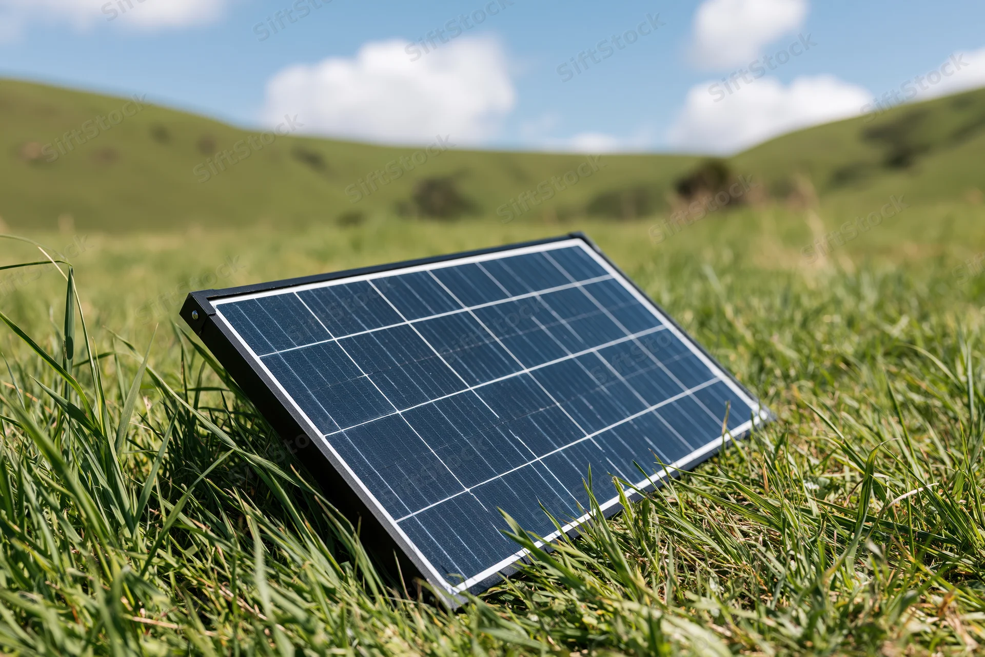 Portable solar panel resting on green grass in a rural field under blue sky with clouds