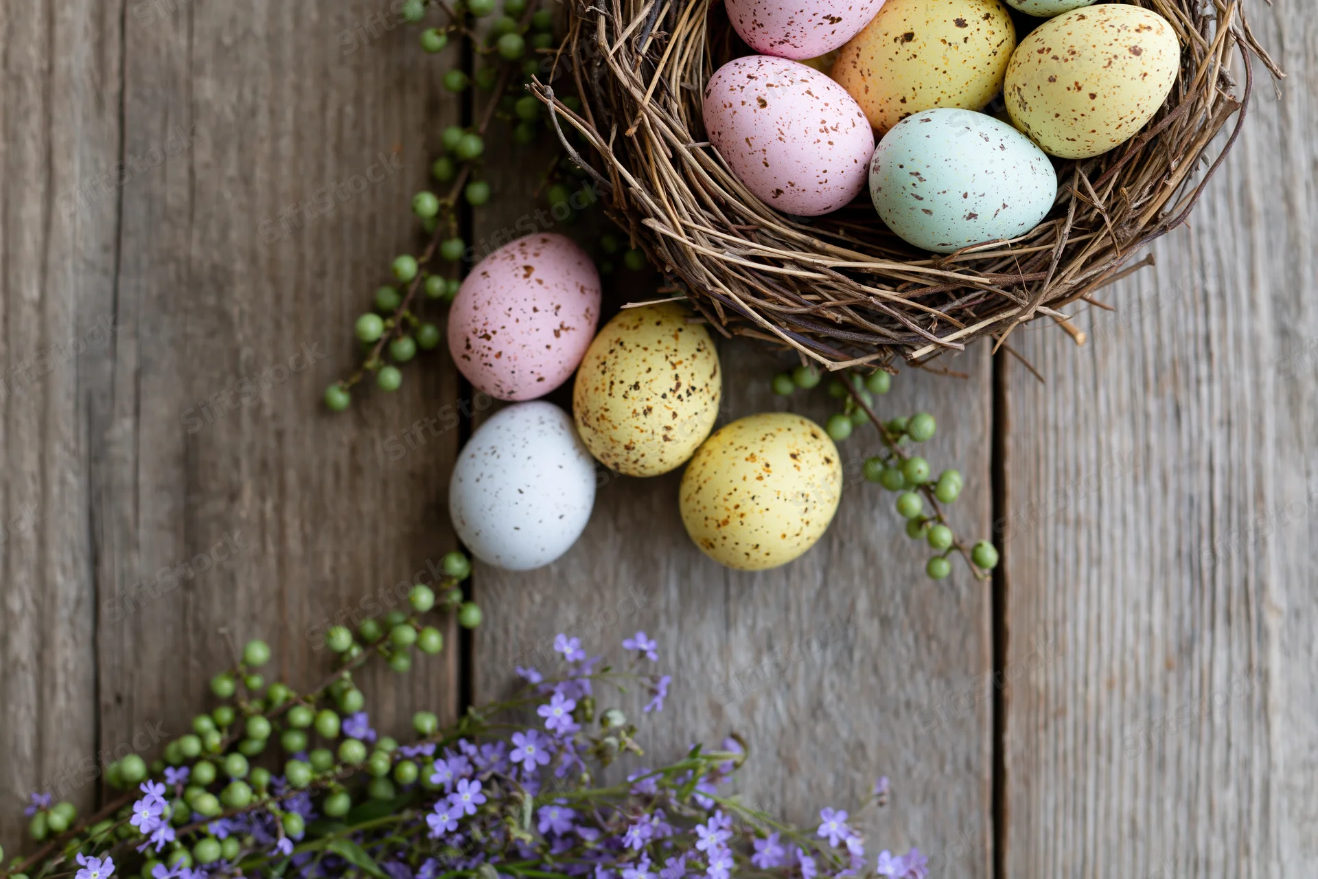 Pastel speckled Easter eggs in a rustic bird's nest on wooden surface with green berries and purple flowers