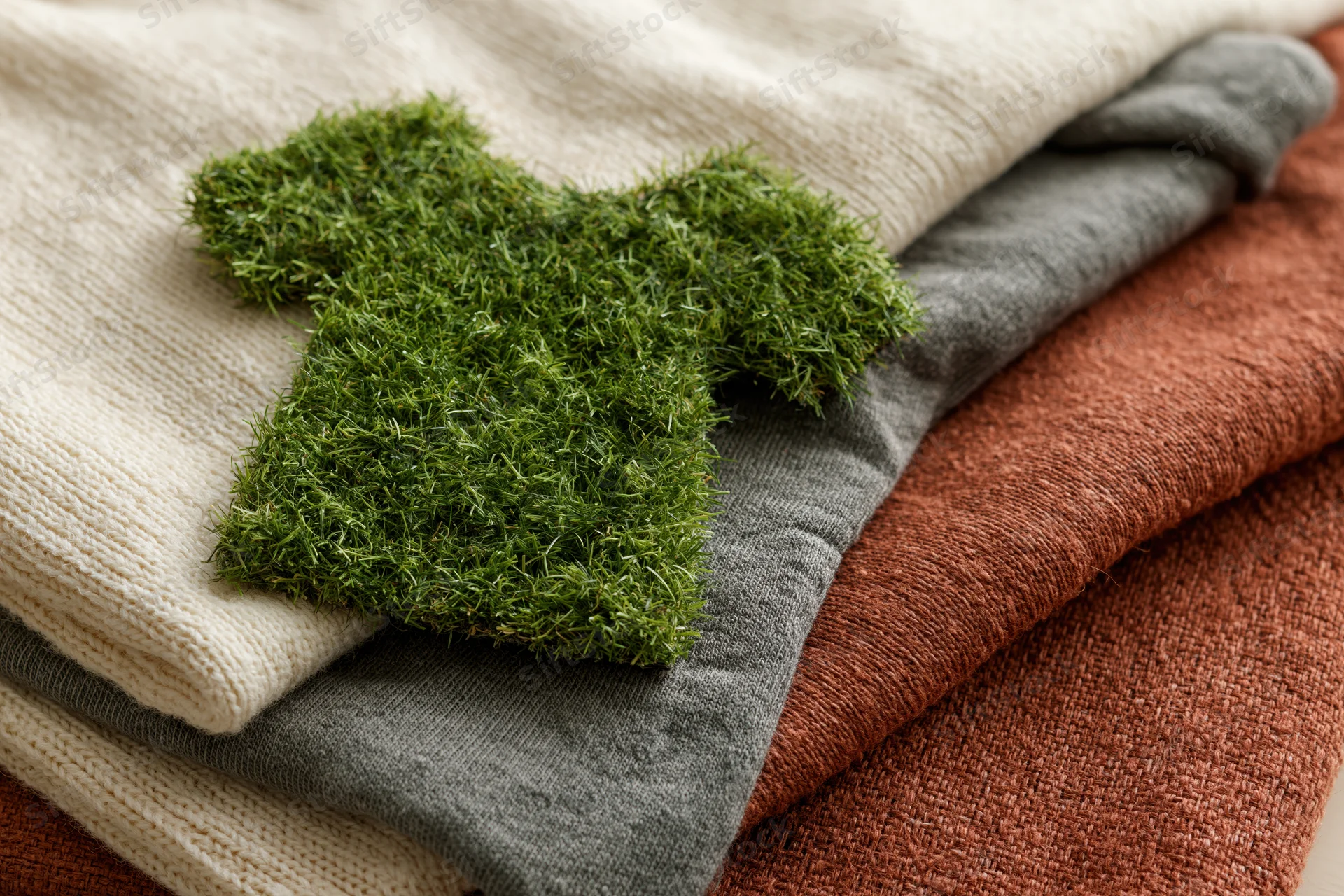 A tshirt-shaped cutout covered in green artificial grass resting on a stack of folded knit sweaters in beige, gray, and rust tones