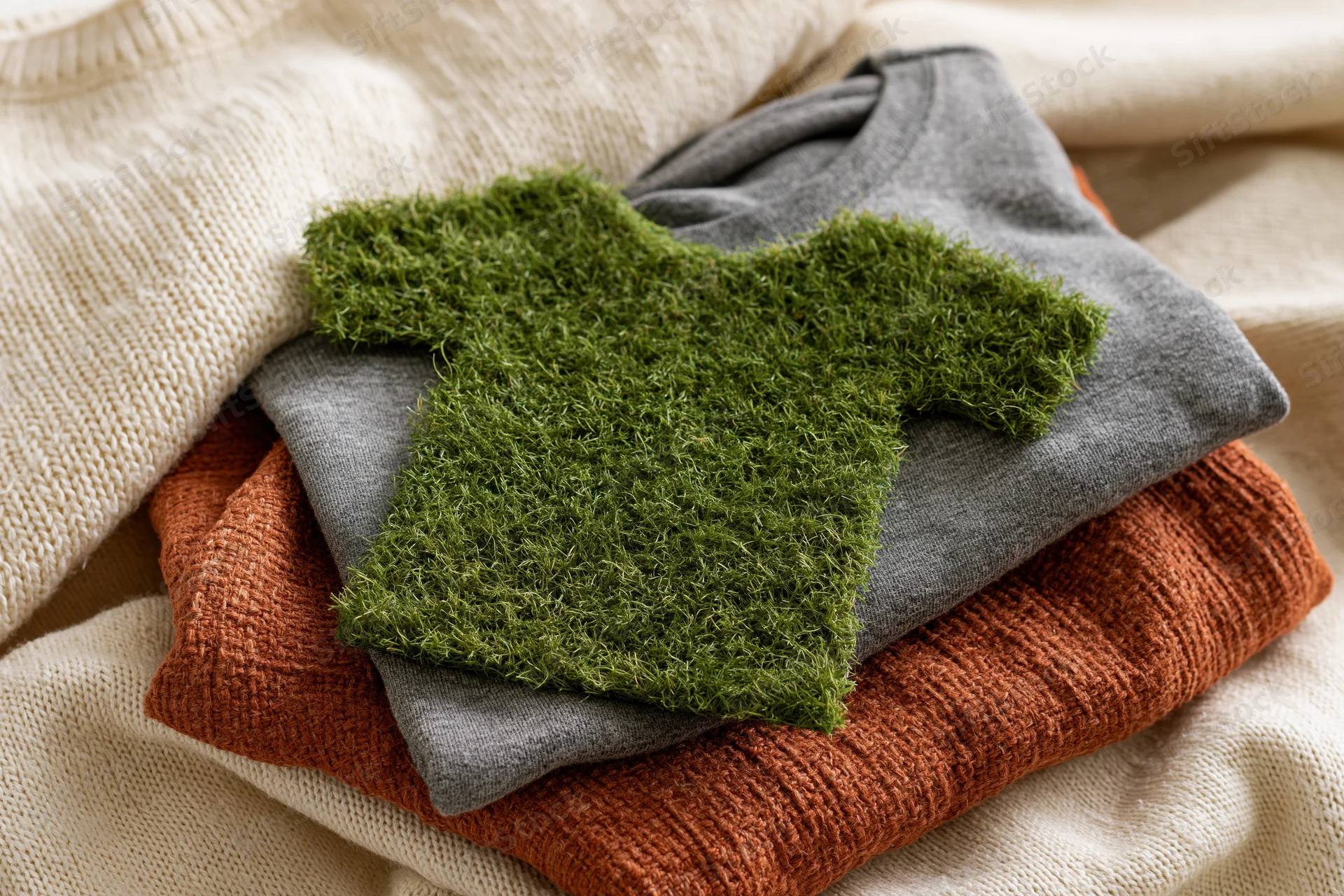 A tshirt-shaped cutout covered in green artificial grass resting on a stack of folded clothing