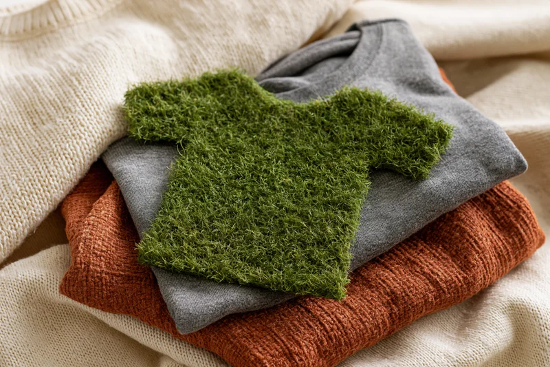 A tshirt-shaped cutout covered in green artificial grass resting on a stack of folded clothing