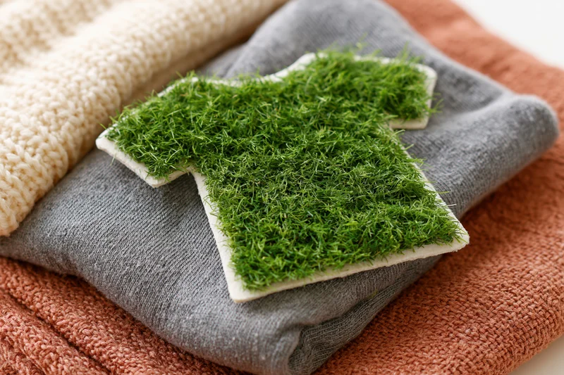 Tshirt-shaped artificial grass cutout resting on folded knit sweaters in beige, gray and rust tones