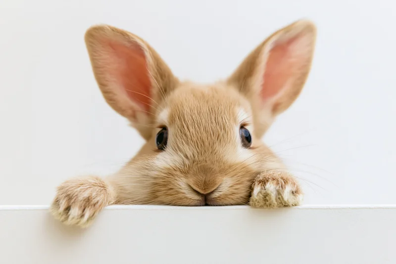 Small tan domestic rabbit peeking over white edge with front paws visible