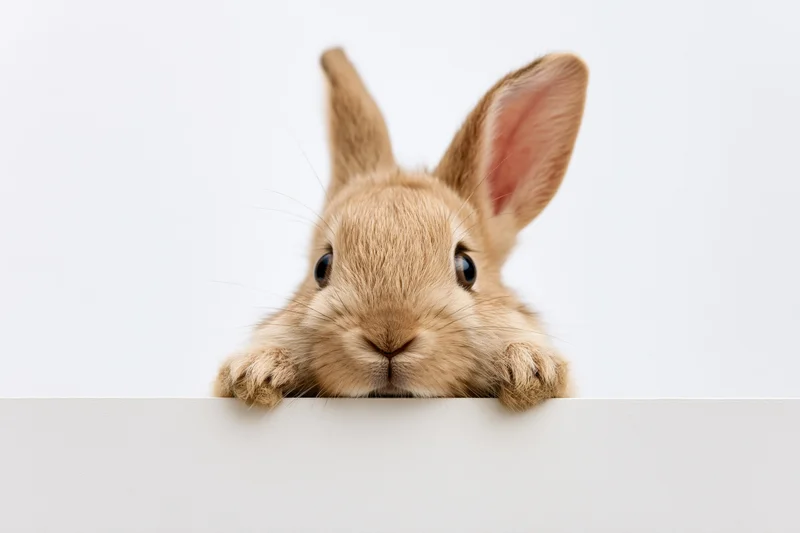 Small tan domestic rabbit peeking over white edge with paws resting on surface
