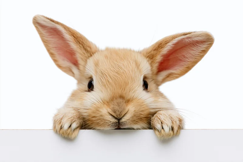 Small tan domestic rabbit peeking over white edge with paws resting on surface