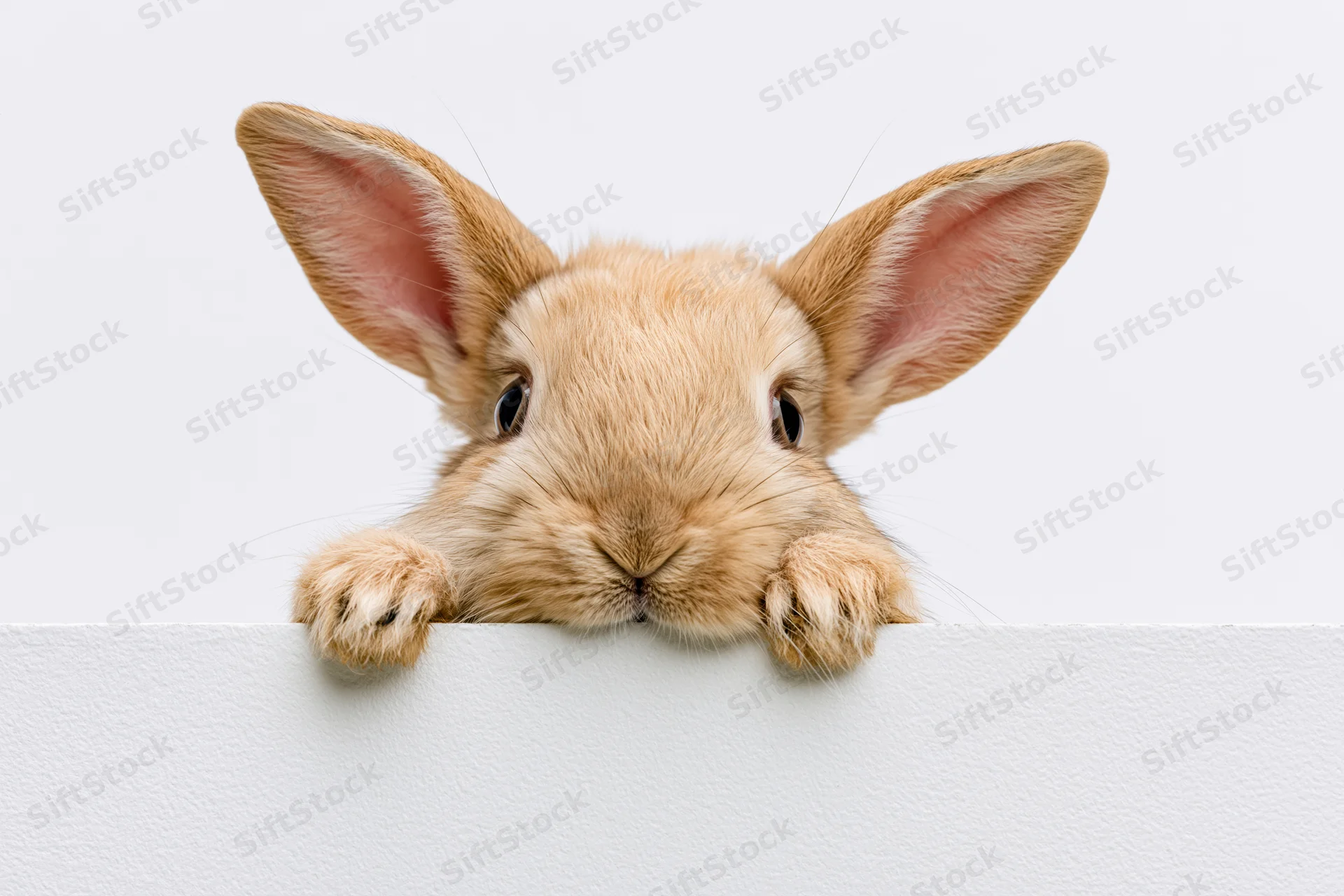 Small tan domestic rabbit peeking over white edge with paws resting on surface