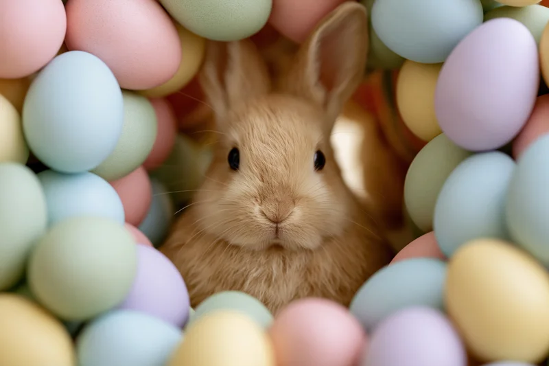 Tan rabbit sitting still surrounded by pastel-colored eggs in a circular frame