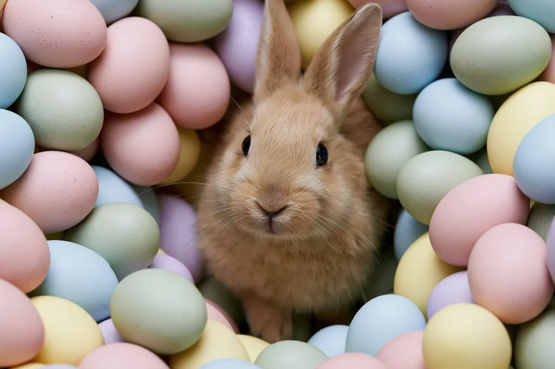 Tan rabbit sitting among pastel-colored eggs for Easter holiday display