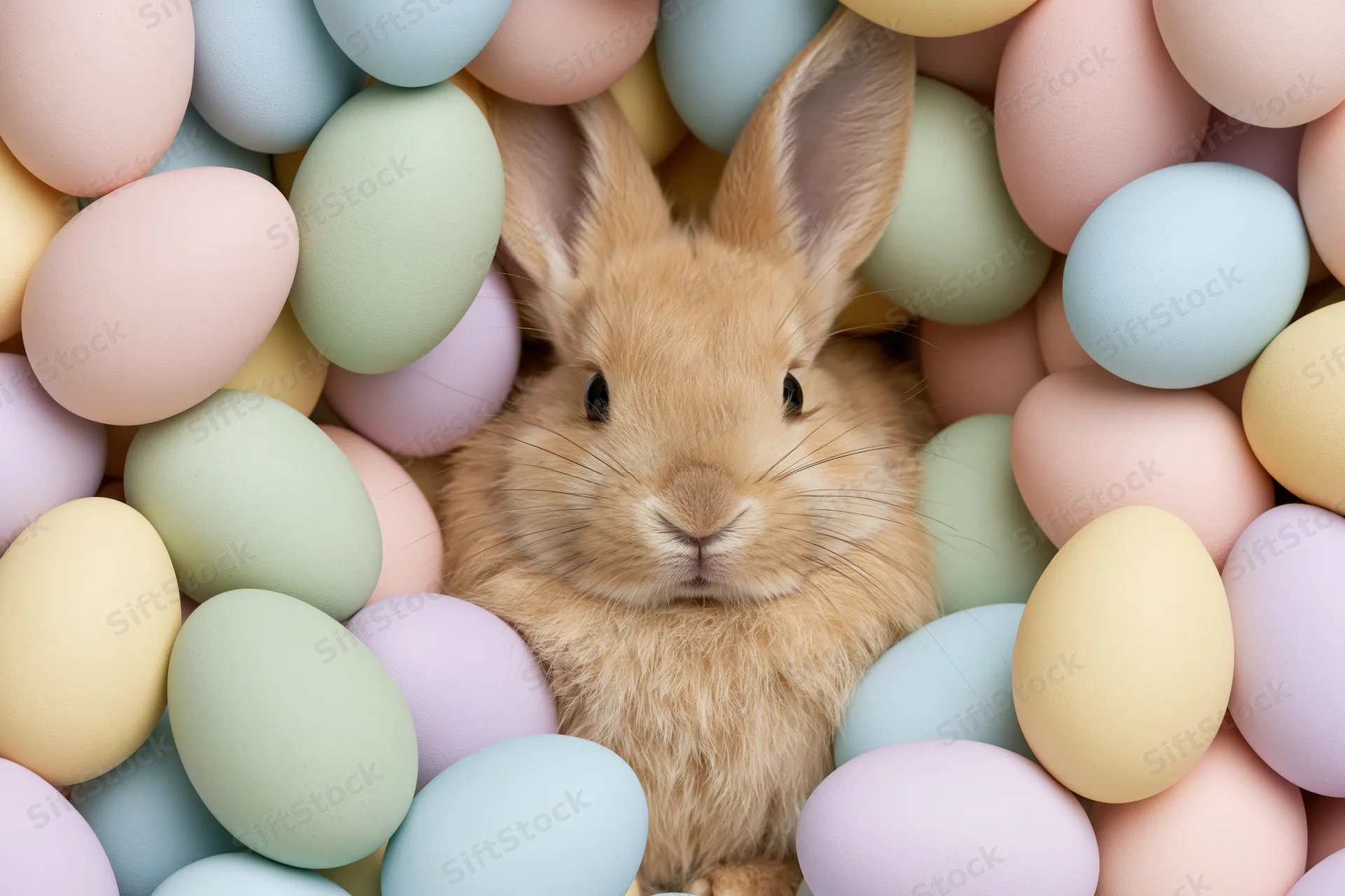 Tan rabbit sitting still surrounded by pastel easter eggs in a studio setting