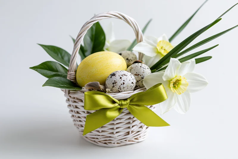 Small white wicker easter basket holding painted yellow egg and speckled quail eggs with white daffodils and green ribbon bow on white background