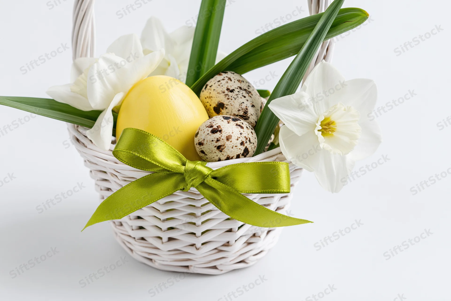White wicker easter basket holding yellow painted egg, speckled quail eggs, and white daffodils with green ribbon bow