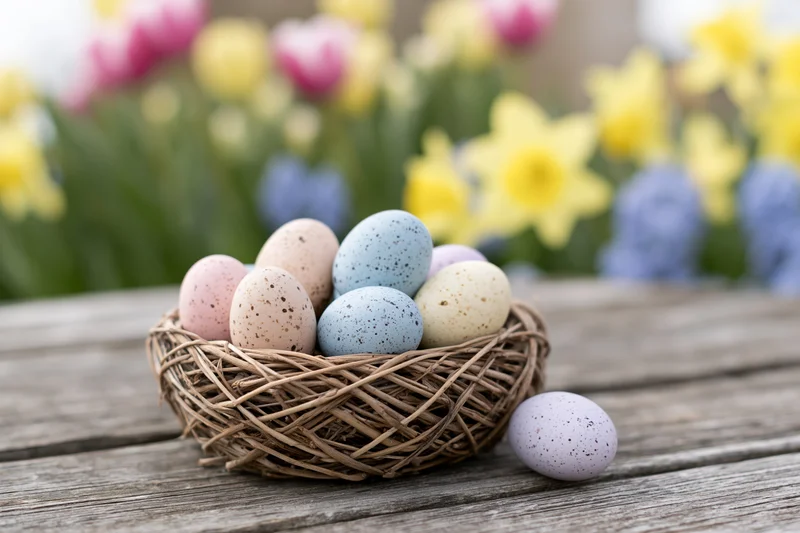 Pastel speckled easter eggs in a woven nest on a wooden table with blurred spring flowers in the background