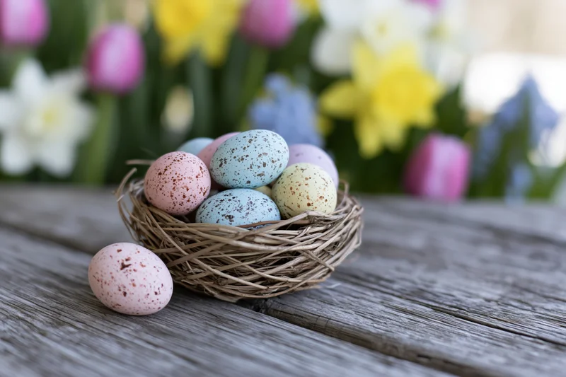 Pastel speckled easter eggs in a woven nest on a wooden table with spring flowers in the background