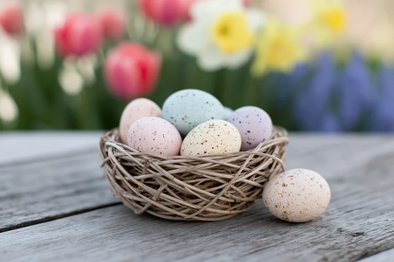 Pastel speckled easter eggs in a wicker nest on a wooden table with blurred spring flowers in the background