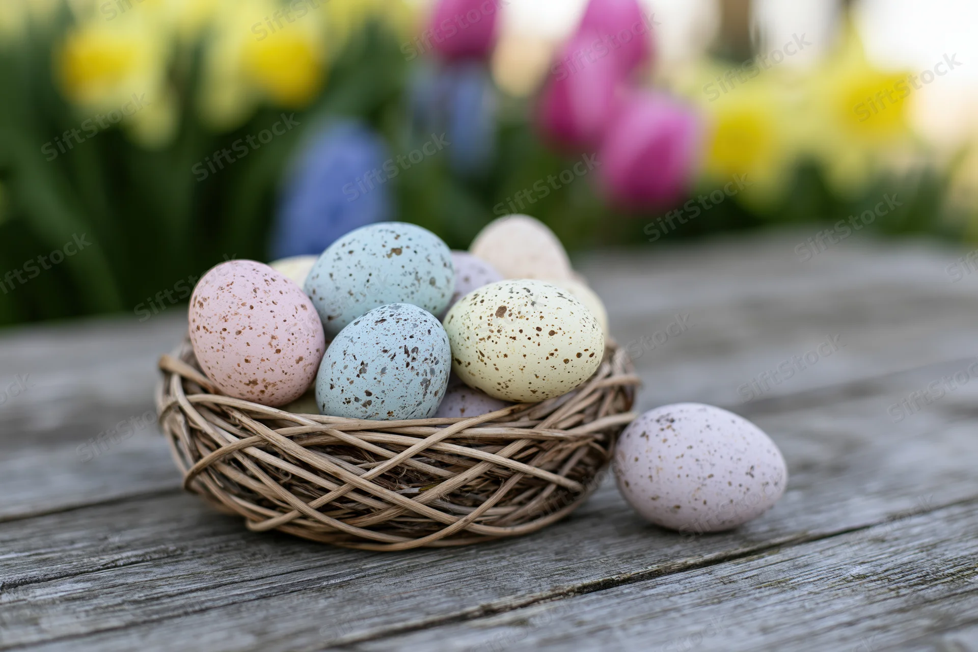 Pastel speckled easter eggs in a woven nest on a wooden table with blurred spring flowers in the background