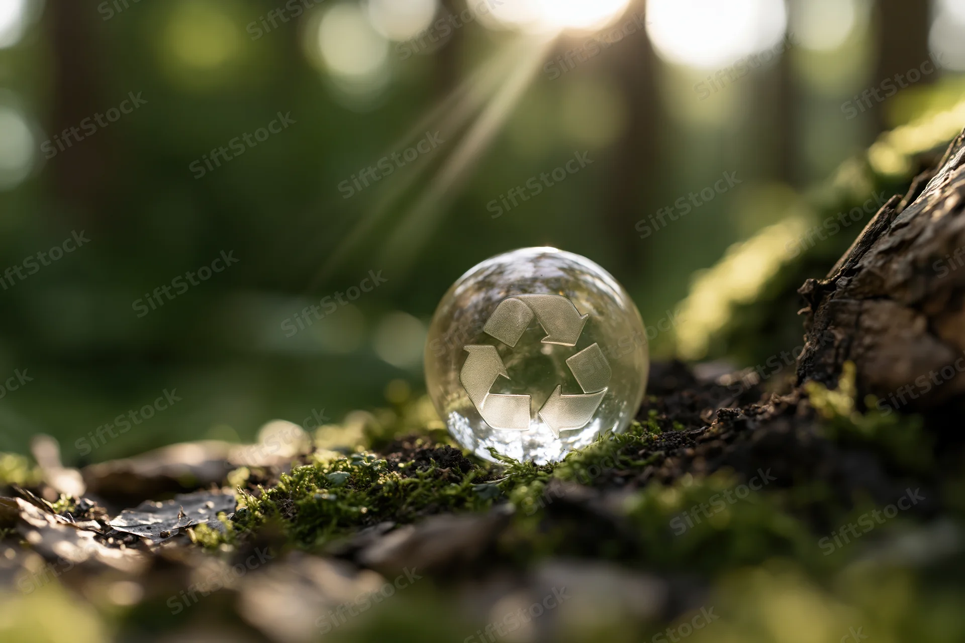 Translucent glass sphere with embossed recycling symbol resting on mossy forest ground under sunlight