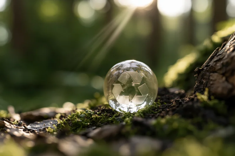 Translucent glass sphere with embossed recycling symbol resting on mossy forest ground under sunlight