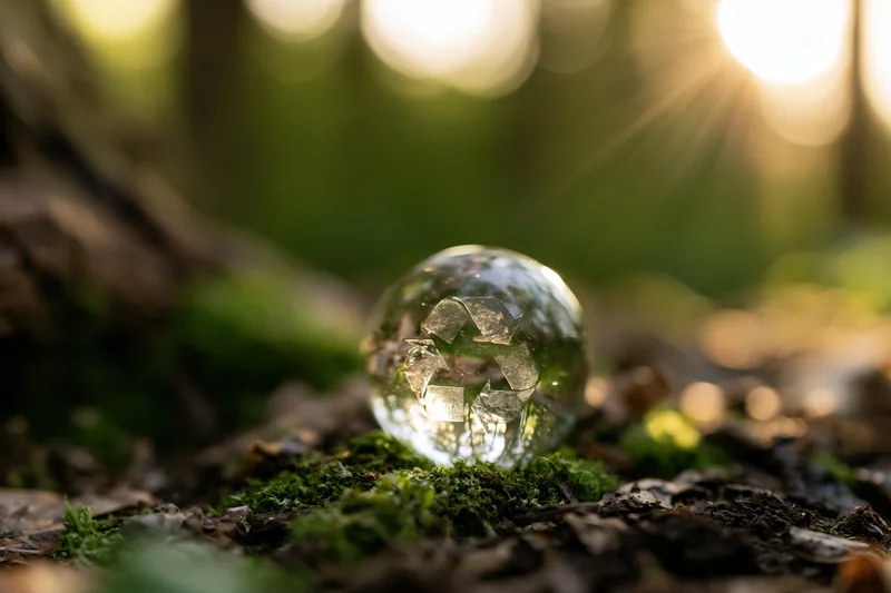 Translucent glass sphere with embossed recycling symbol resting on mossy forest ground in sunlight