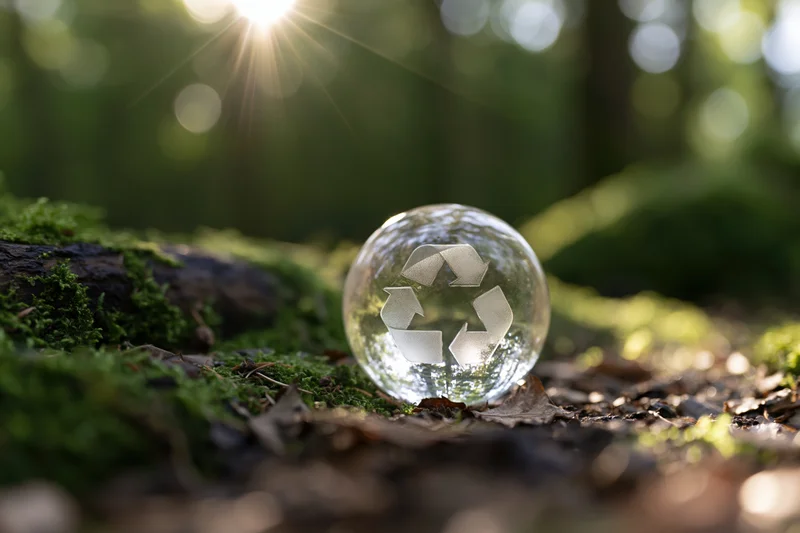 Translucent glass sphere with embossed recycling symbol resting on mossy forest floor under sunlight