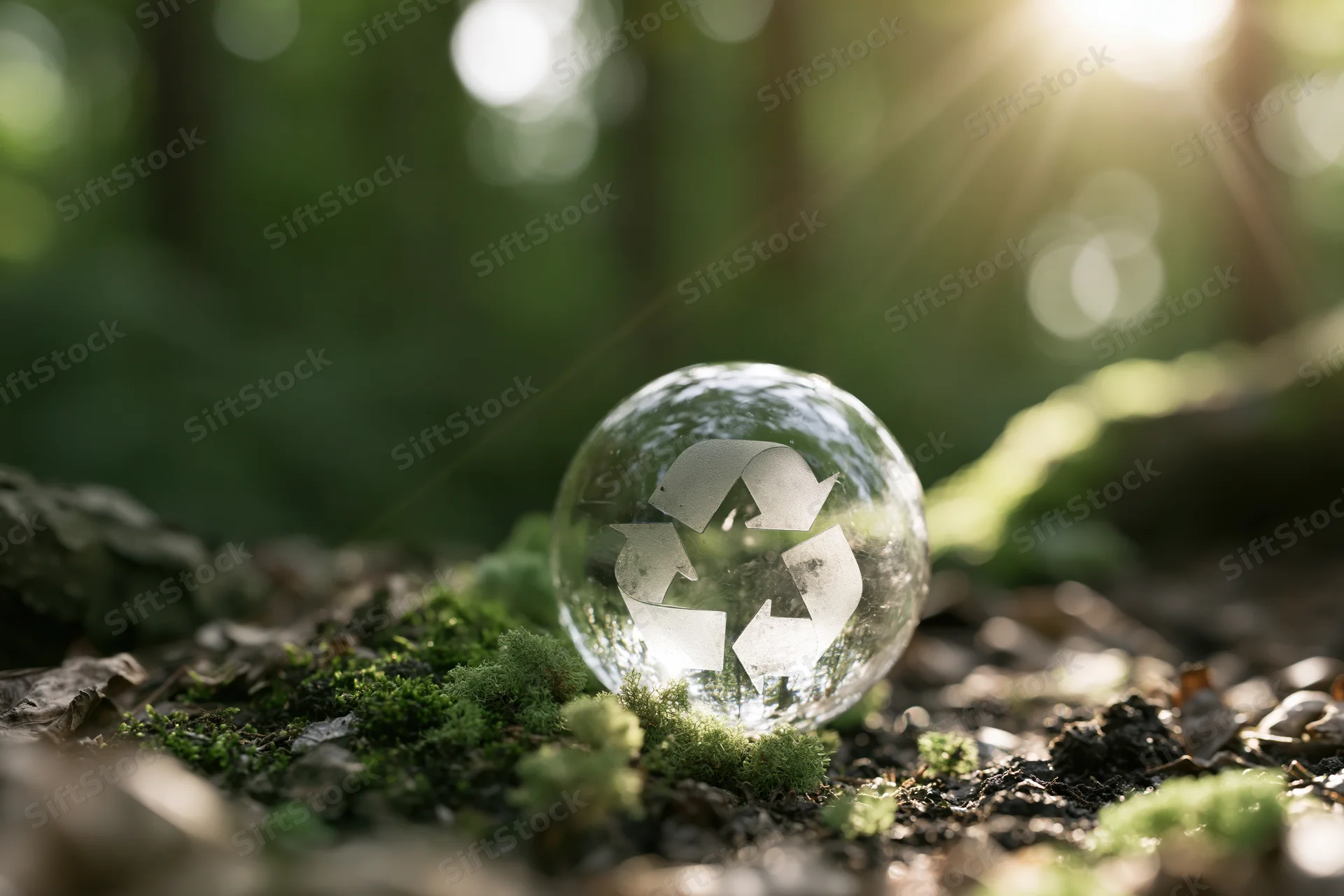 Translucent glass sphere with embossed recycling symbol resting on mossy forest ground in sunlight