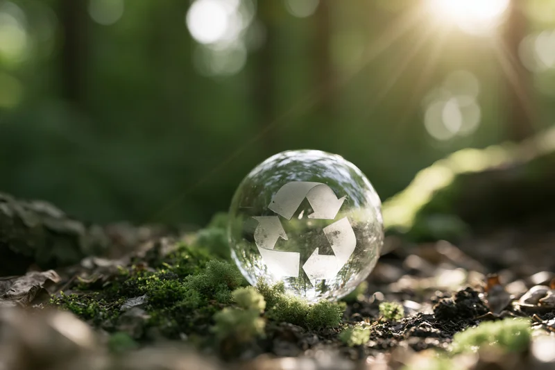 Translucent glass sphere with embossed recycling symbol resting on mossy forest ground in sunlight