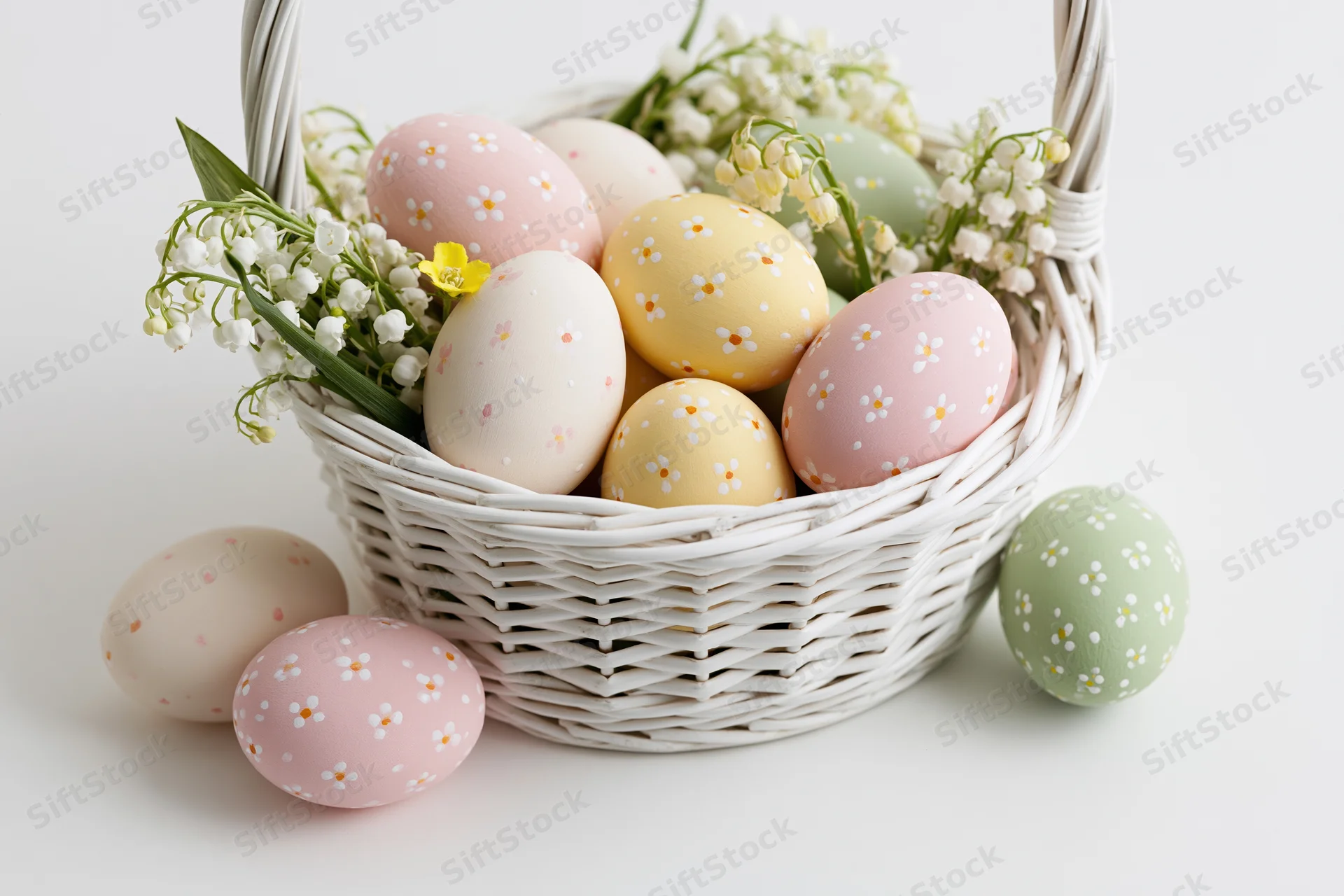 Pastel-painted easter eggs with lily of the valley flowers in a white wicker basket on a plain surface