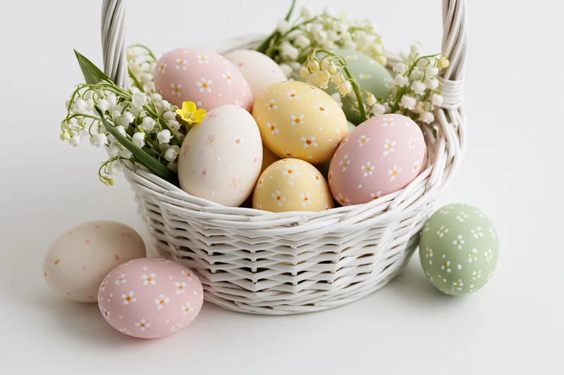 Pastel-painted easter eggs with lily of the valley flowers in a white wicker basket on a plain surface