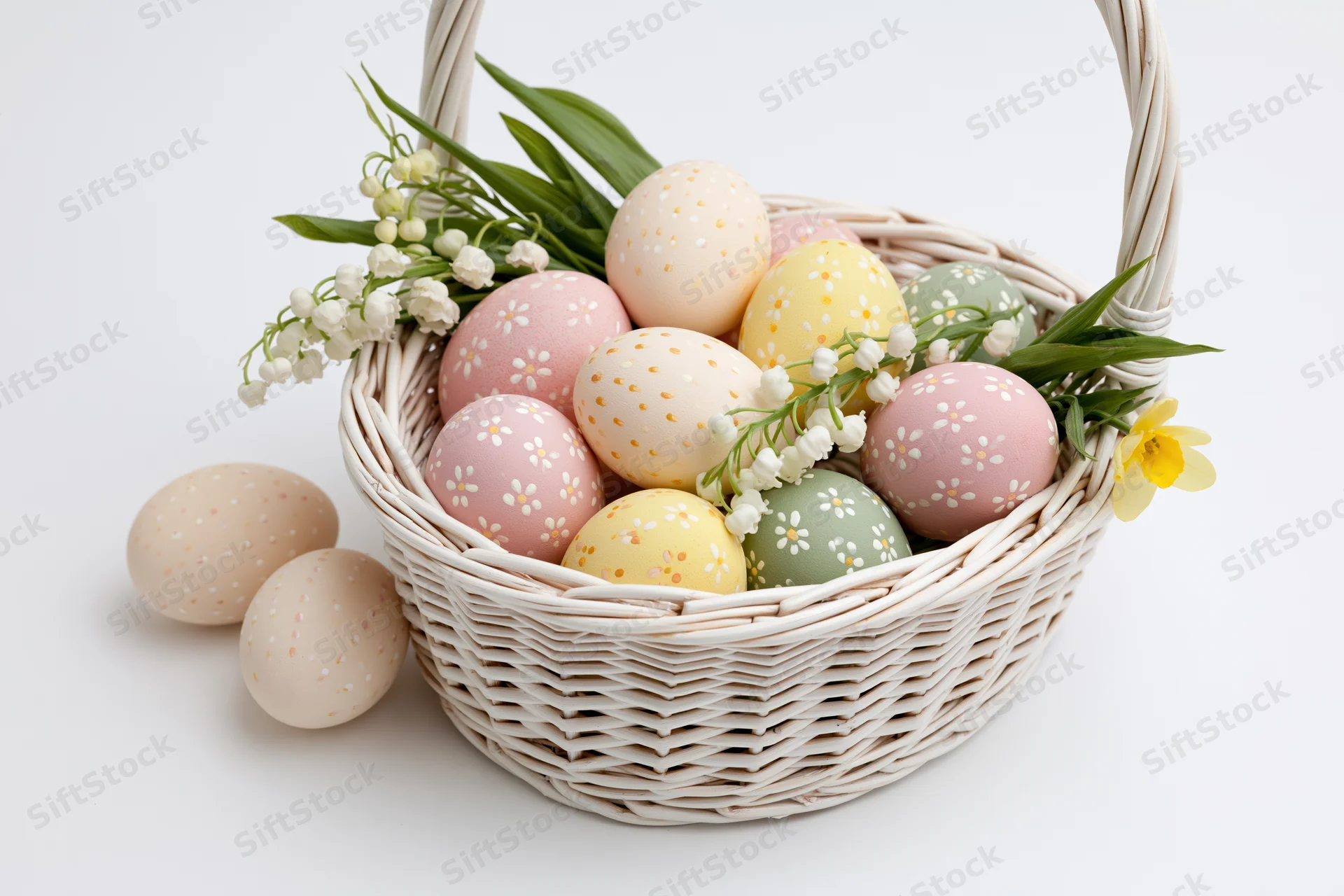 Pastel-painted easter eggs in a white wicker basket with spring flowers and greenery, arranged for decoration