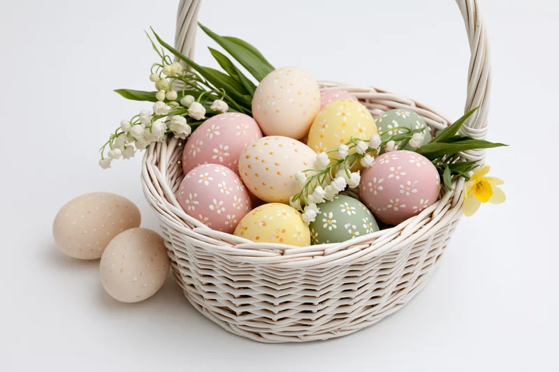 Pastel-painted easter eggs in a white wicker basket with spring flowers and greenery, arranged for decoration