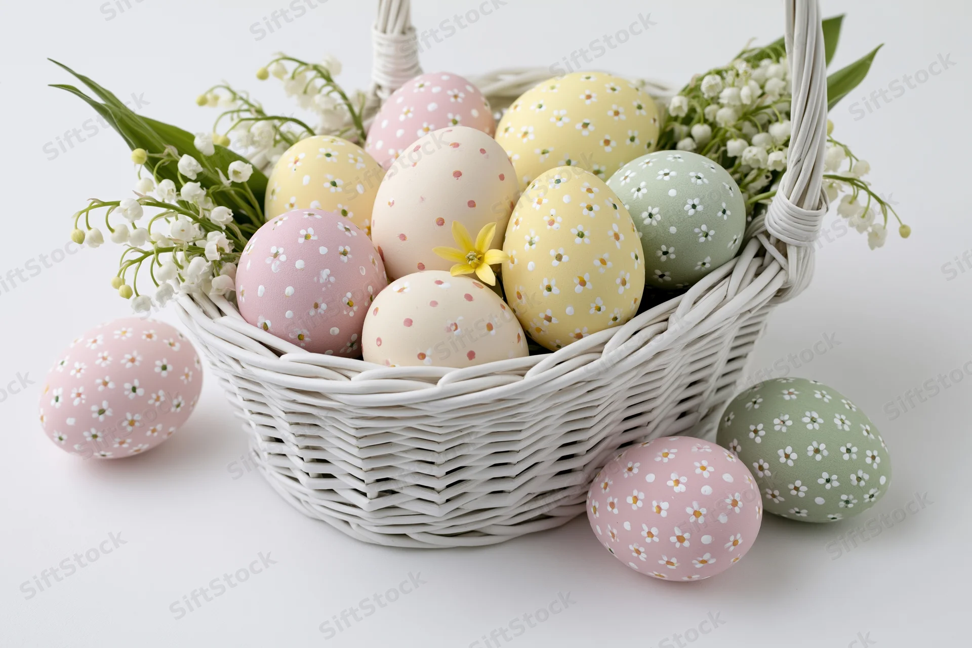 Pastel-painted easter eggs with floral decoration in a white wicker basket on a plain surface