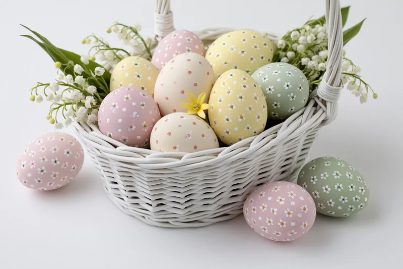 Pastel-painted easter eggs with floral decoration in a white wicker basket on a plain surface