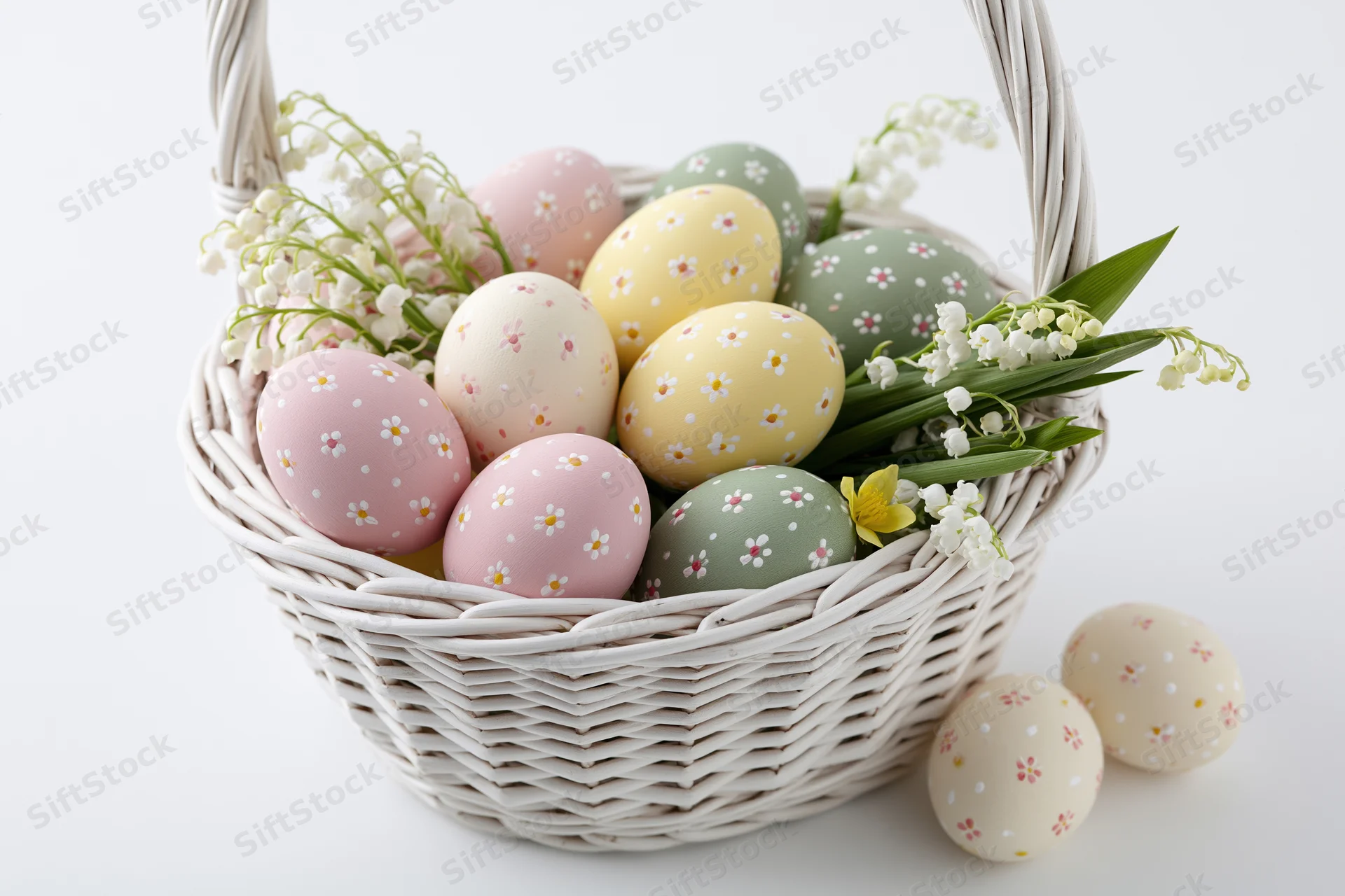 Pastel-painted easter eggs with floral sprigs in a white wicker basket on a plain surface