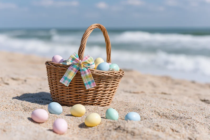 Wicker easter basket with pastel eggs and plaid bow on sandy beach near ocean waves