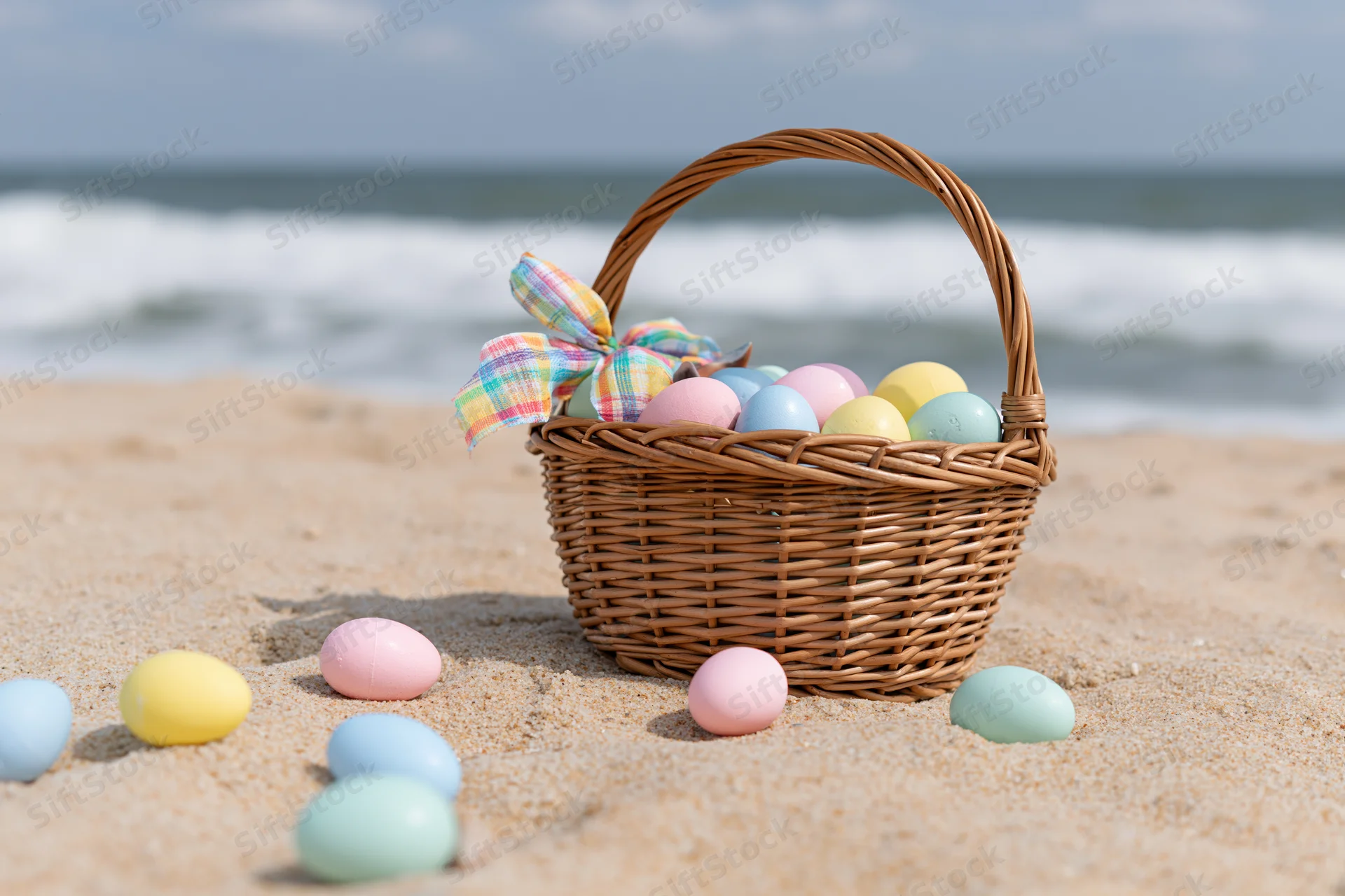 Wicker easter basket with colorful plaid bow filled with pastel eggs on sandy beach near ocean waves